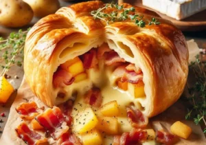 Recette feuilleté croustillant au Camembert, lardons et pommes de terre